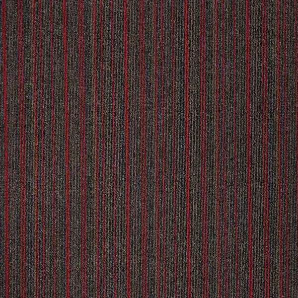 Dark gray carpet tile with fine red and multicolor pinstripes