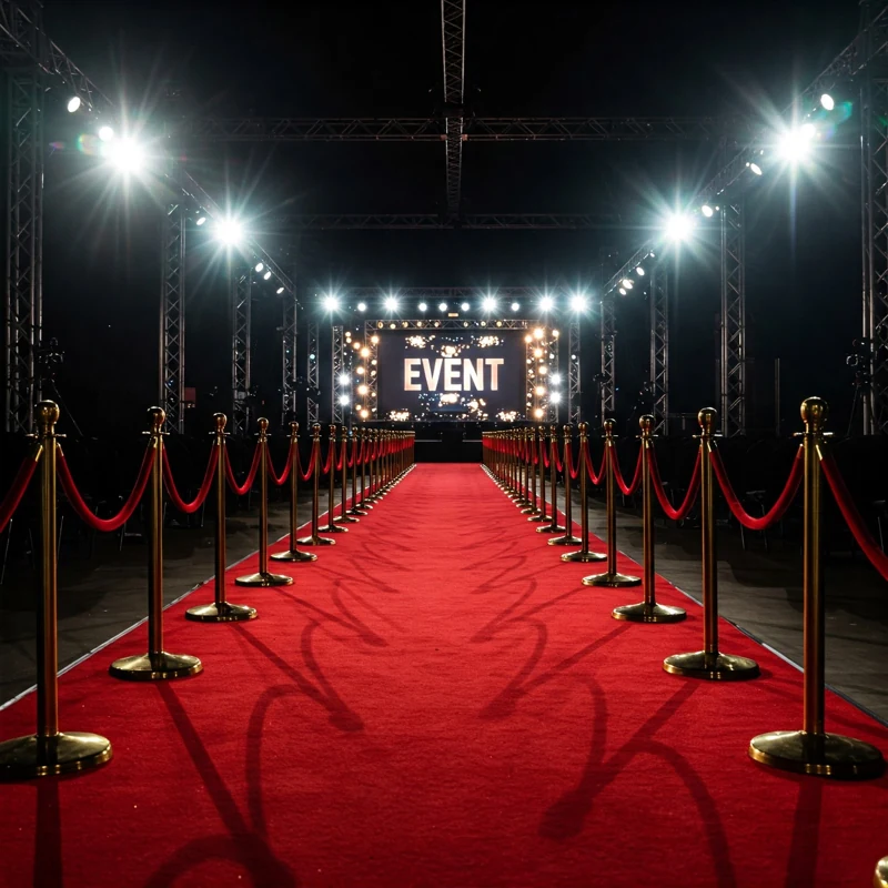 Grand red carpet entrance with gold stanchions and stage lighting