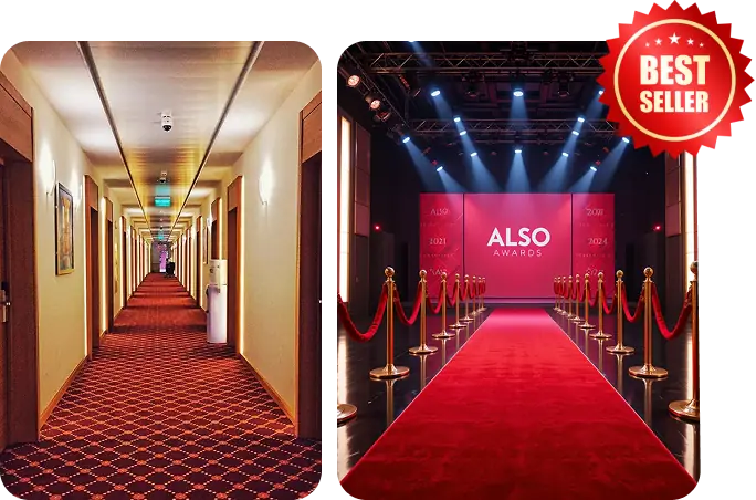 Luxury hotel hallway carpet and grand event red carpet with stanchions.