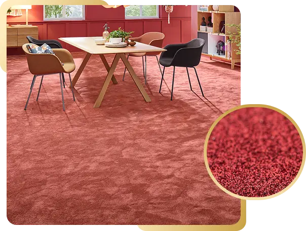 Plush rose red carpet in a modern dining room with a close-up fiber texture.