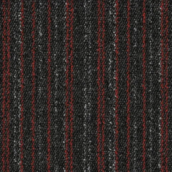 Striped carpet tile in dark gray, black, and red tones