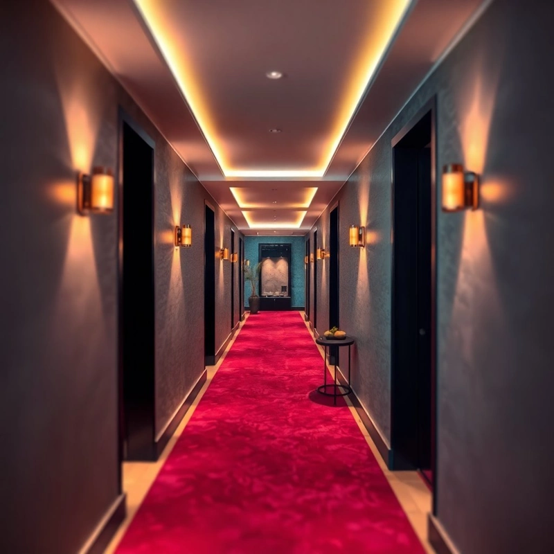 magenta patterned carpet runner in a luxury hotel hallway